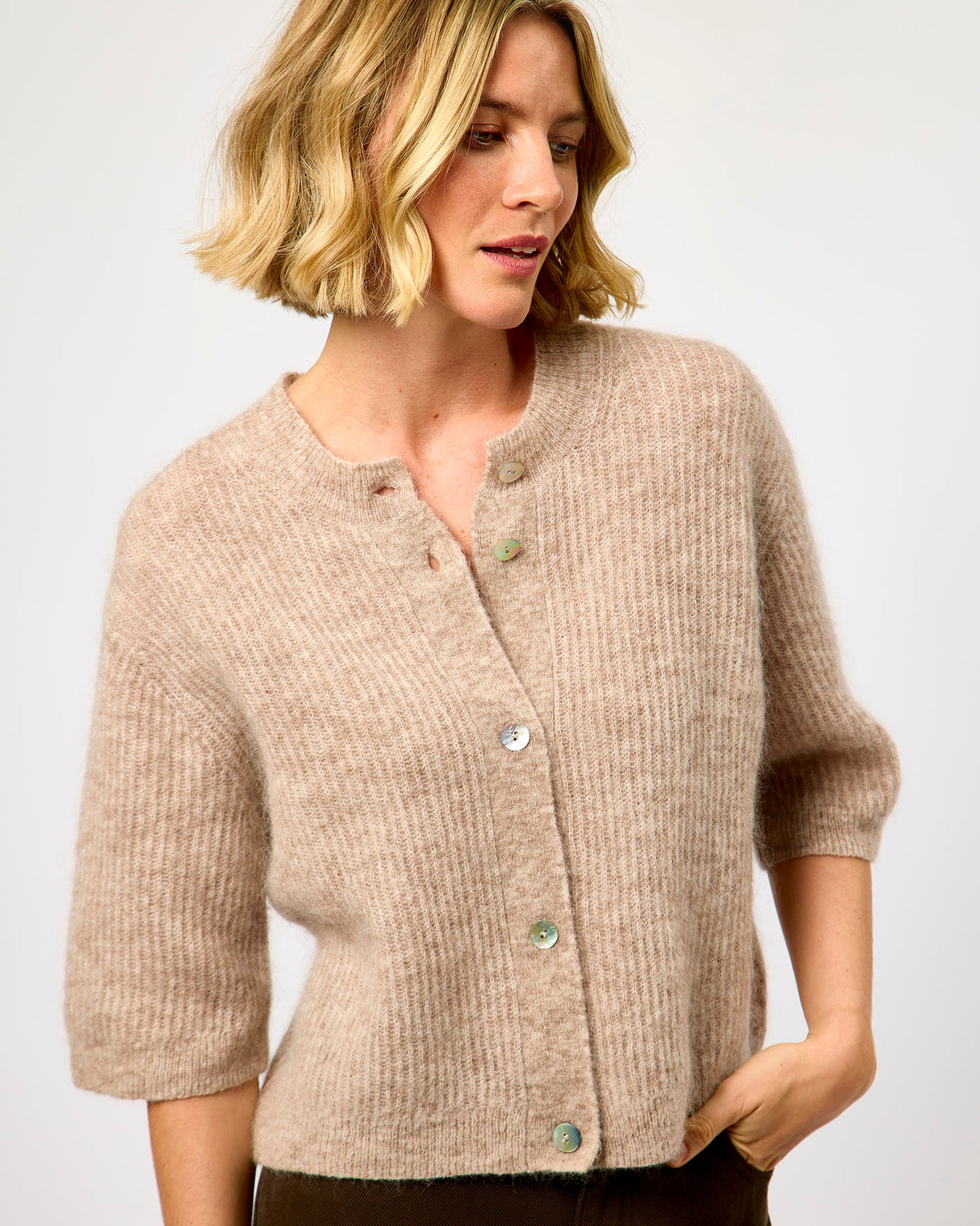 Light Beige Melange Andrea Rib Knit Cardigan