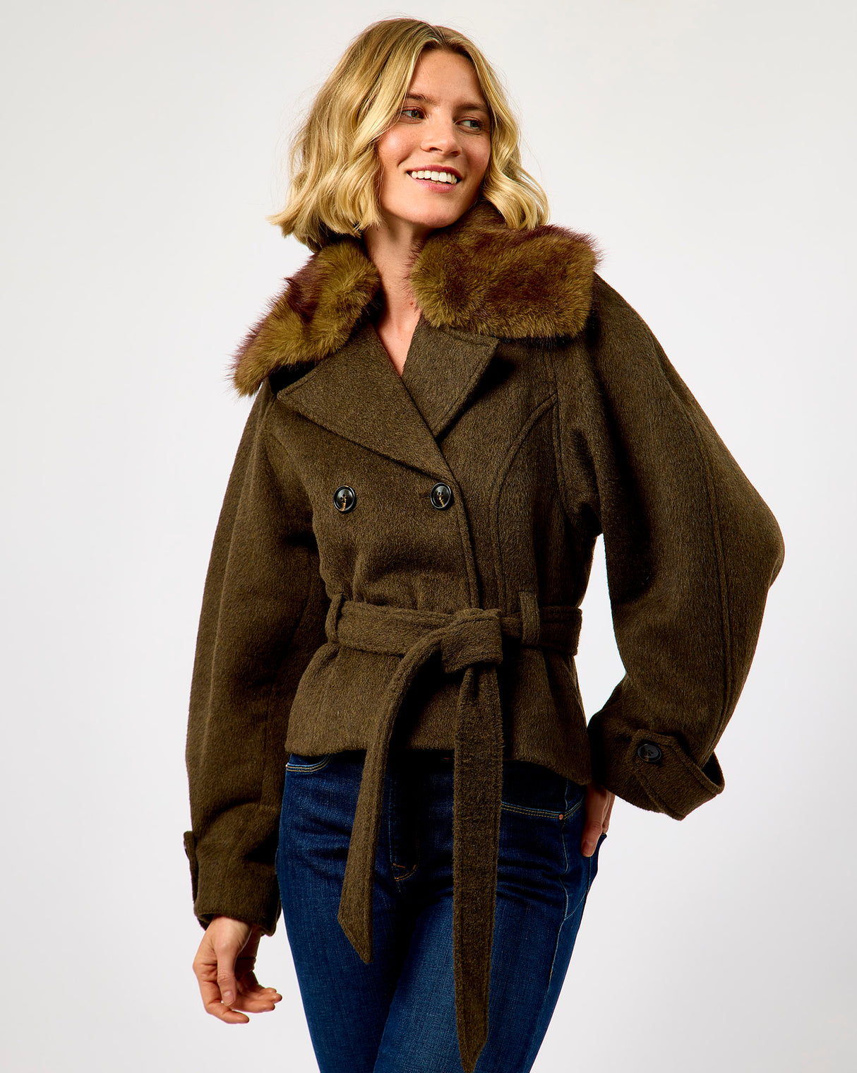 Black Olive Faux Fur Trim Agola Jacket