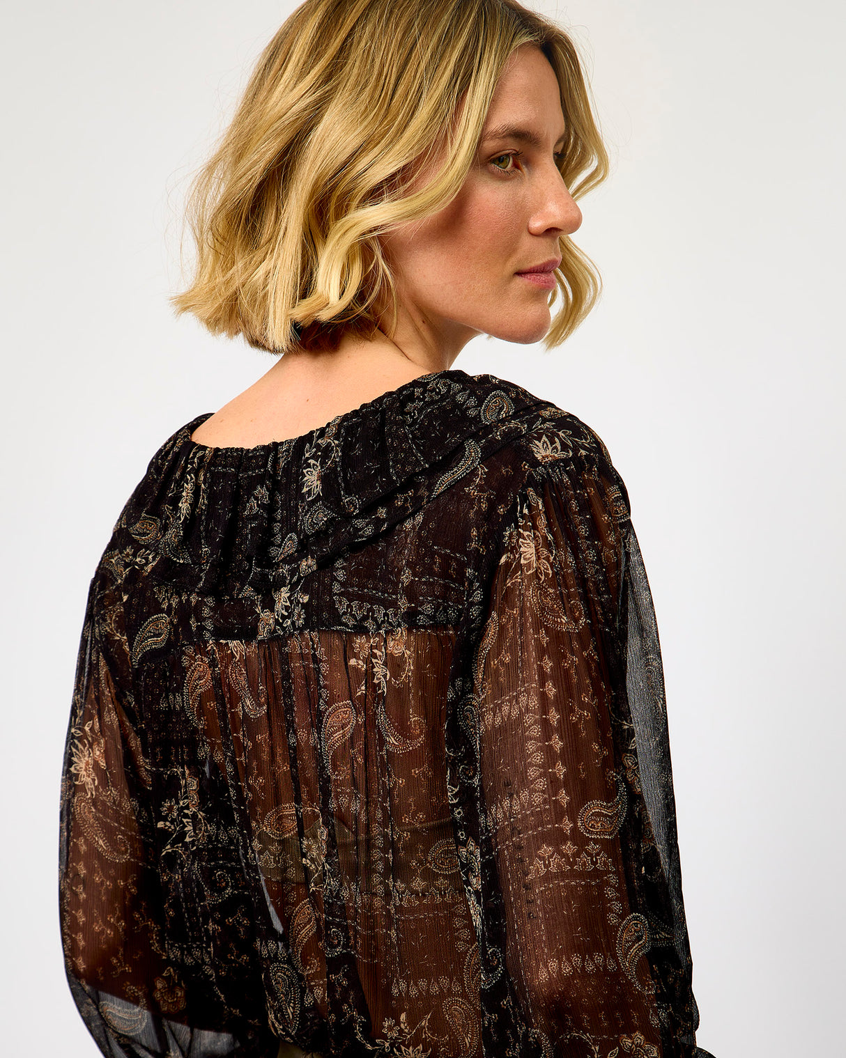 Black Paislia Frill Sheer Blouse