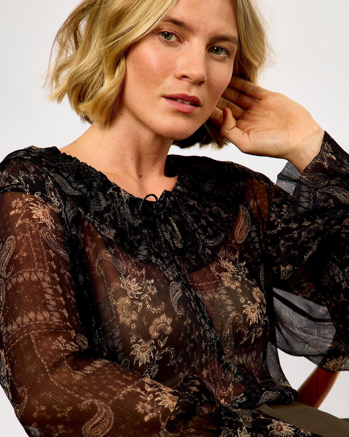 Black Paislia Frill Sheer Blouse