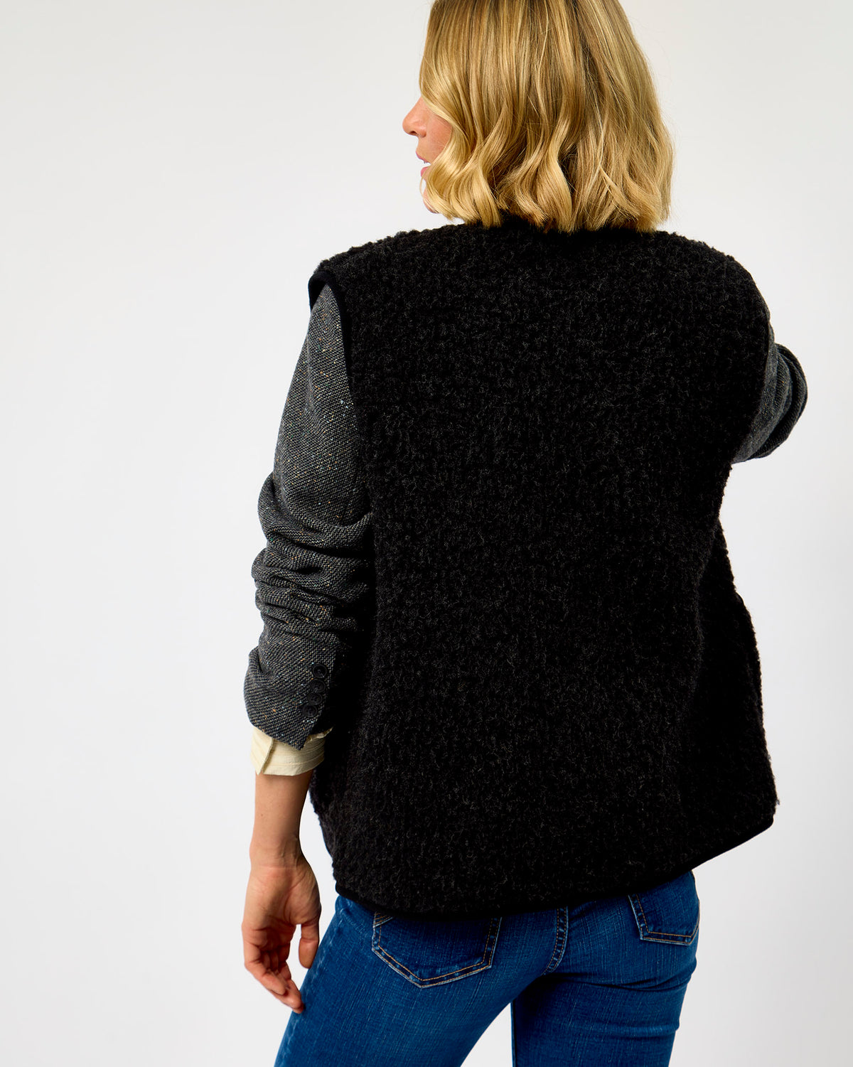 Black Textured Sheep Wool Pepitko Vest