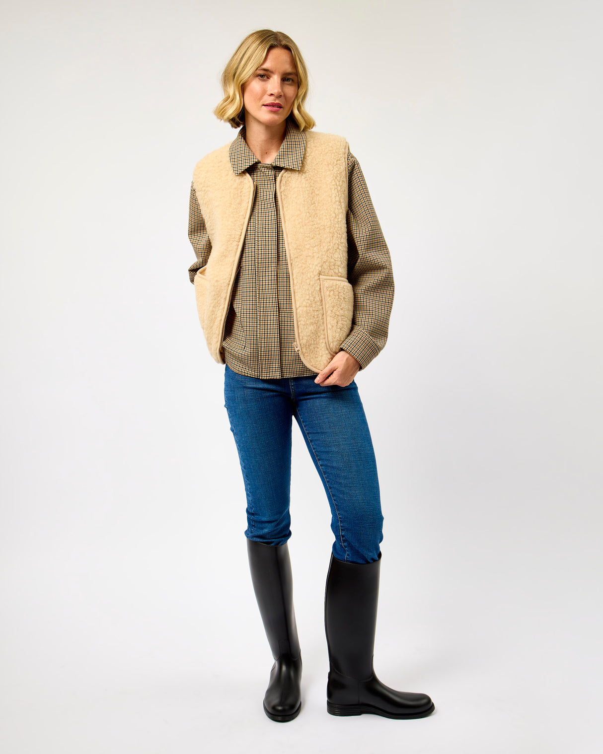 Beige Textured Sheep Wool Pepitko Vest