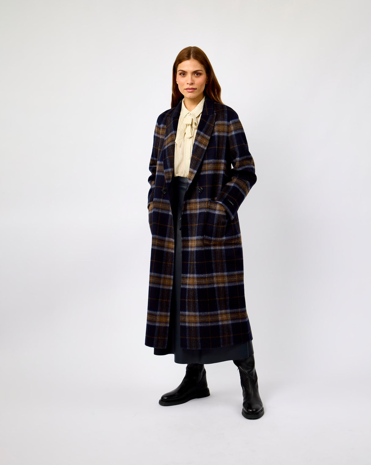 Dark Navy & Check Adria Double Breasted Reversible Coat