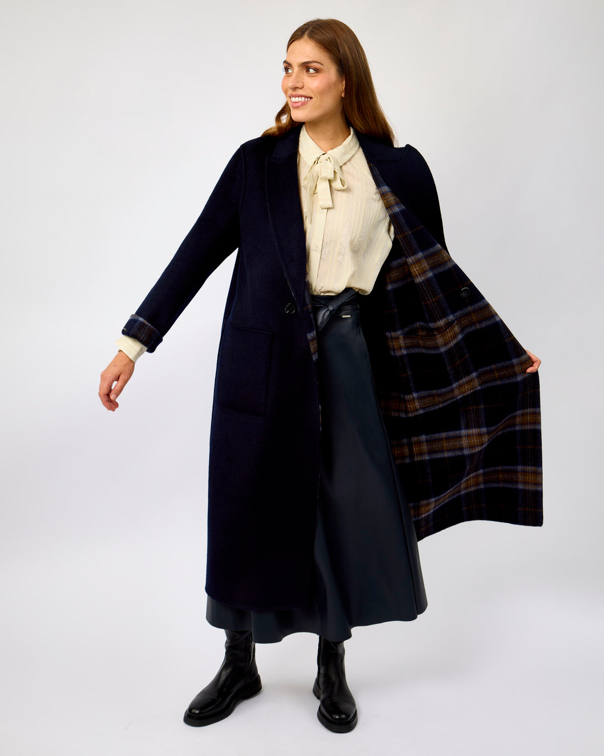 Dark Navy & Check Adria Double Breasted Reversible Coat