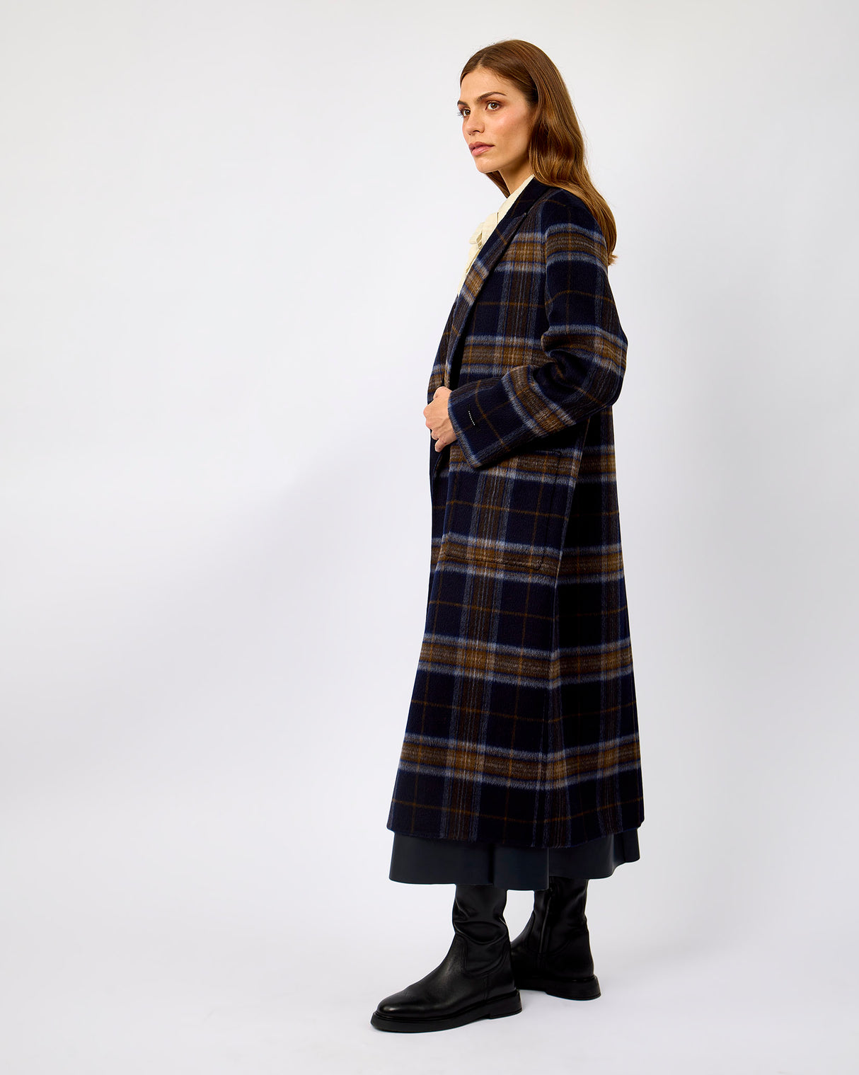 Dark Navy & Check Adria Double Breasted Reversible Coat