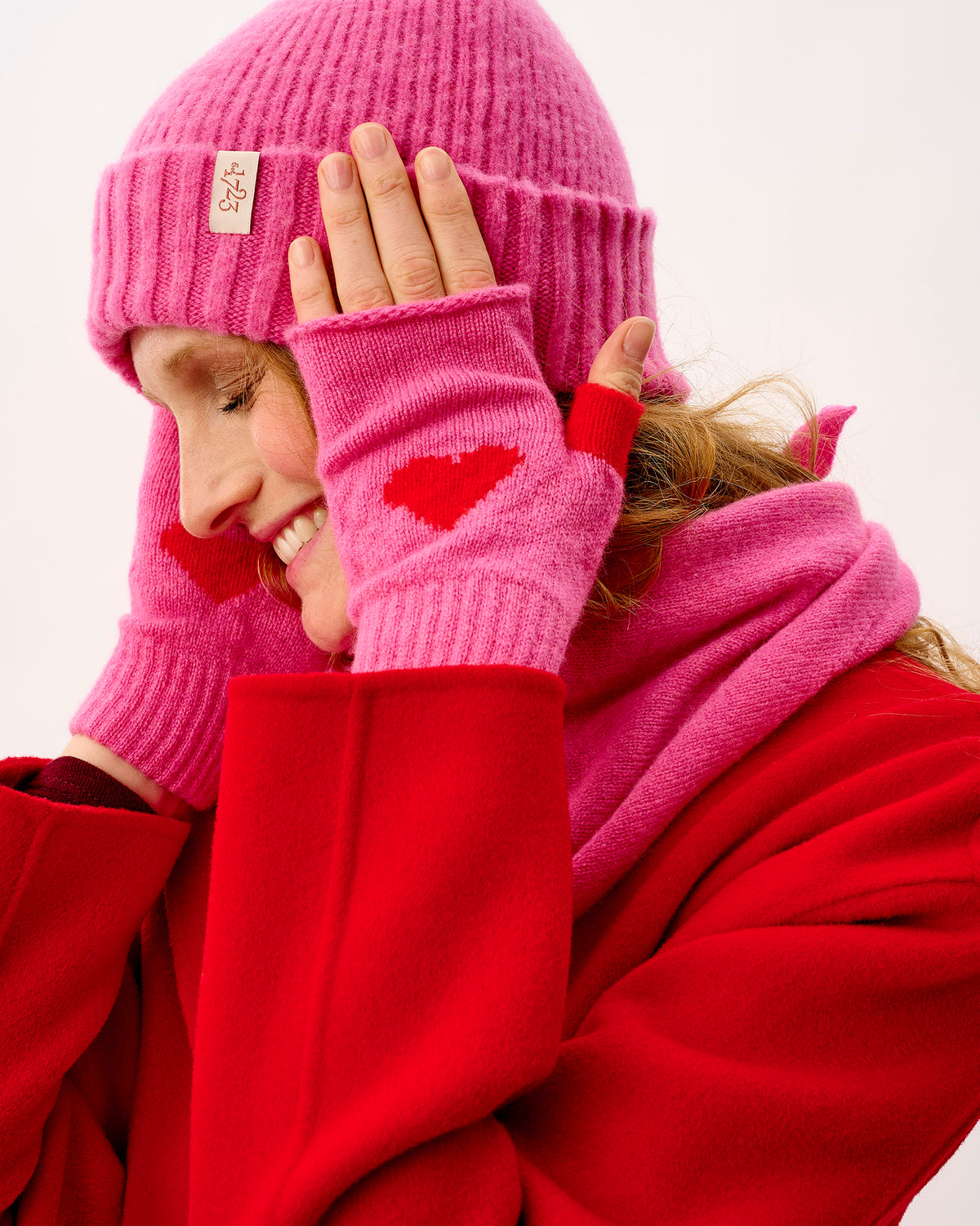 Bubblegum Pink & Tartan Scarlet Heart Lambswool Fingerless Mittens