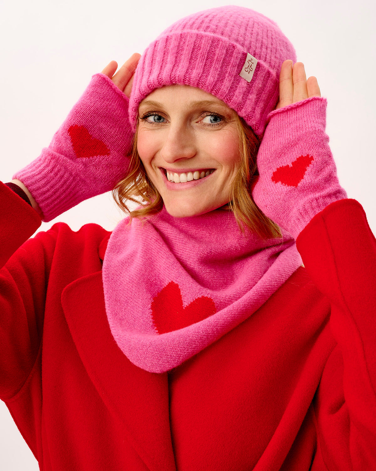 Bubblegum Pink & Tartan Scarlet Heart Lambswool Fingerless Mittens