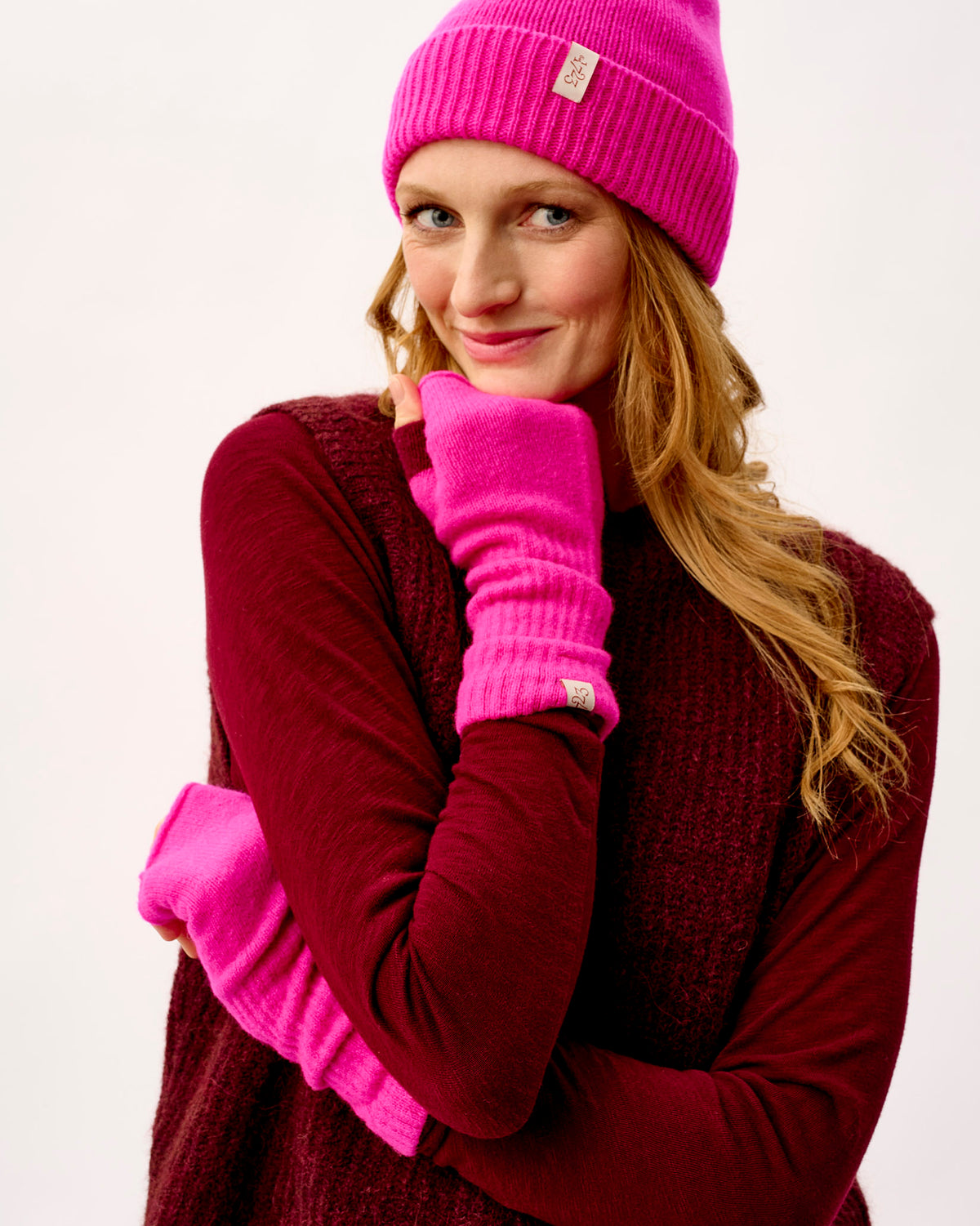Neon Pink & Bordeaux Lambswool Fingerless Mittens