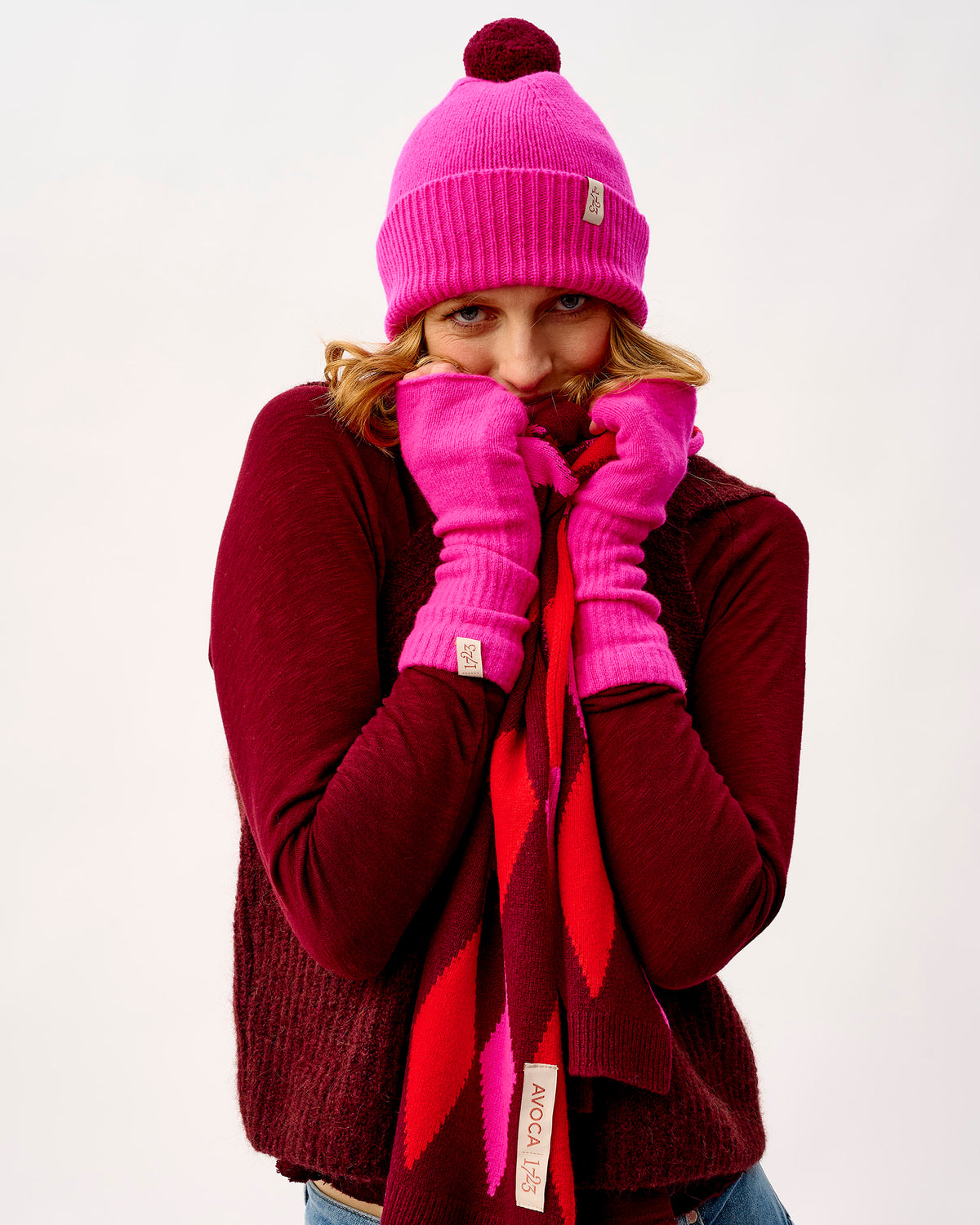 Neon Pink & Bordeaux Lambswool Bobble Hat