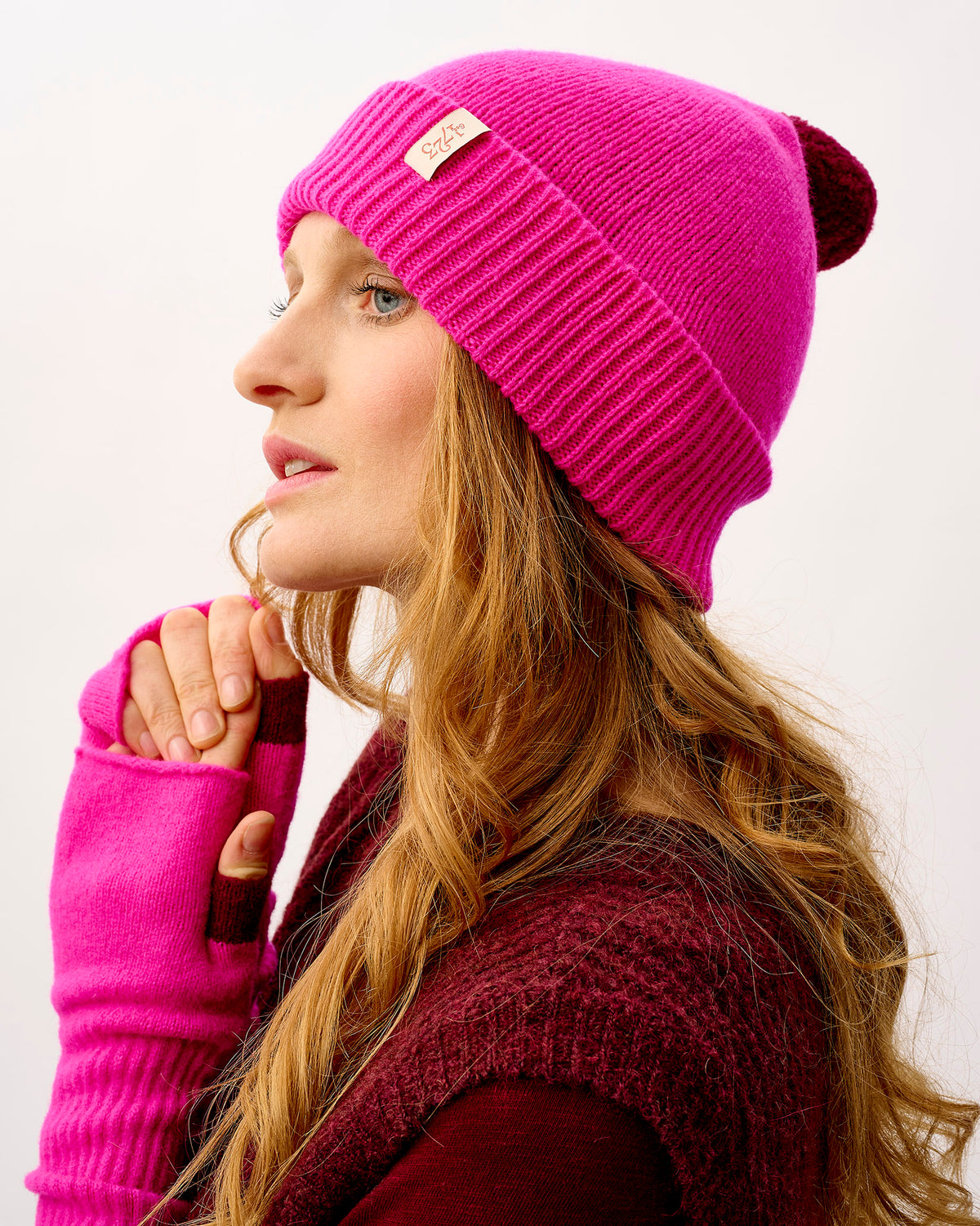 Neon Pink & Bordeaux Lambswool Bobble Hat