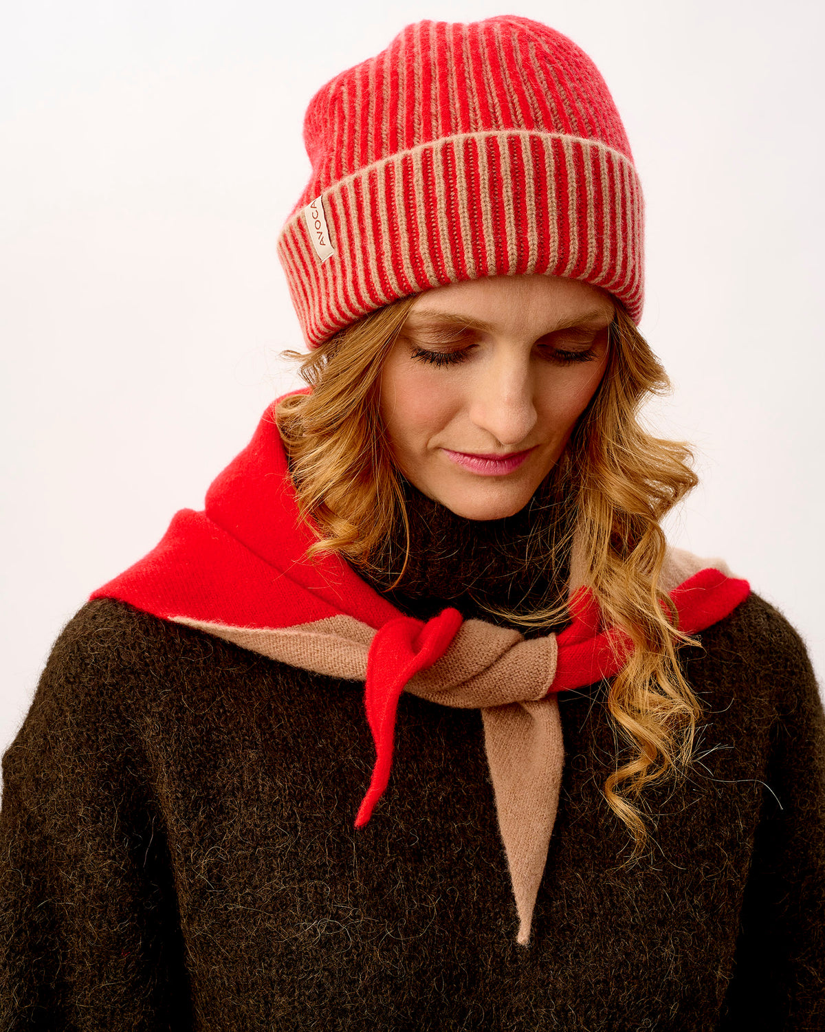 Tartan Scarlet & Camel Plaited Effect Lambswool Hat