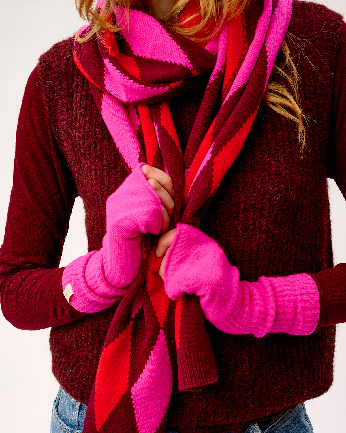 Bordeaux, Neon Pink & Tartan Scarlet Ayrshire Argyle Lambswool Scarf