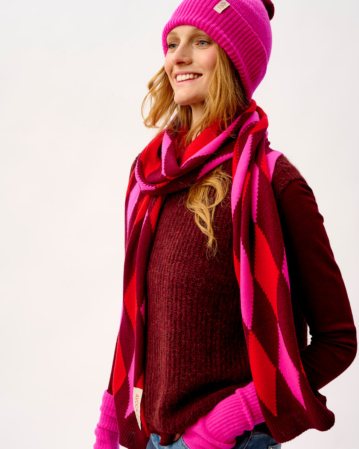Bordeaux, Neon Pink & Tartan Scarlet Ayrshire Argyle Lambswool Scarf