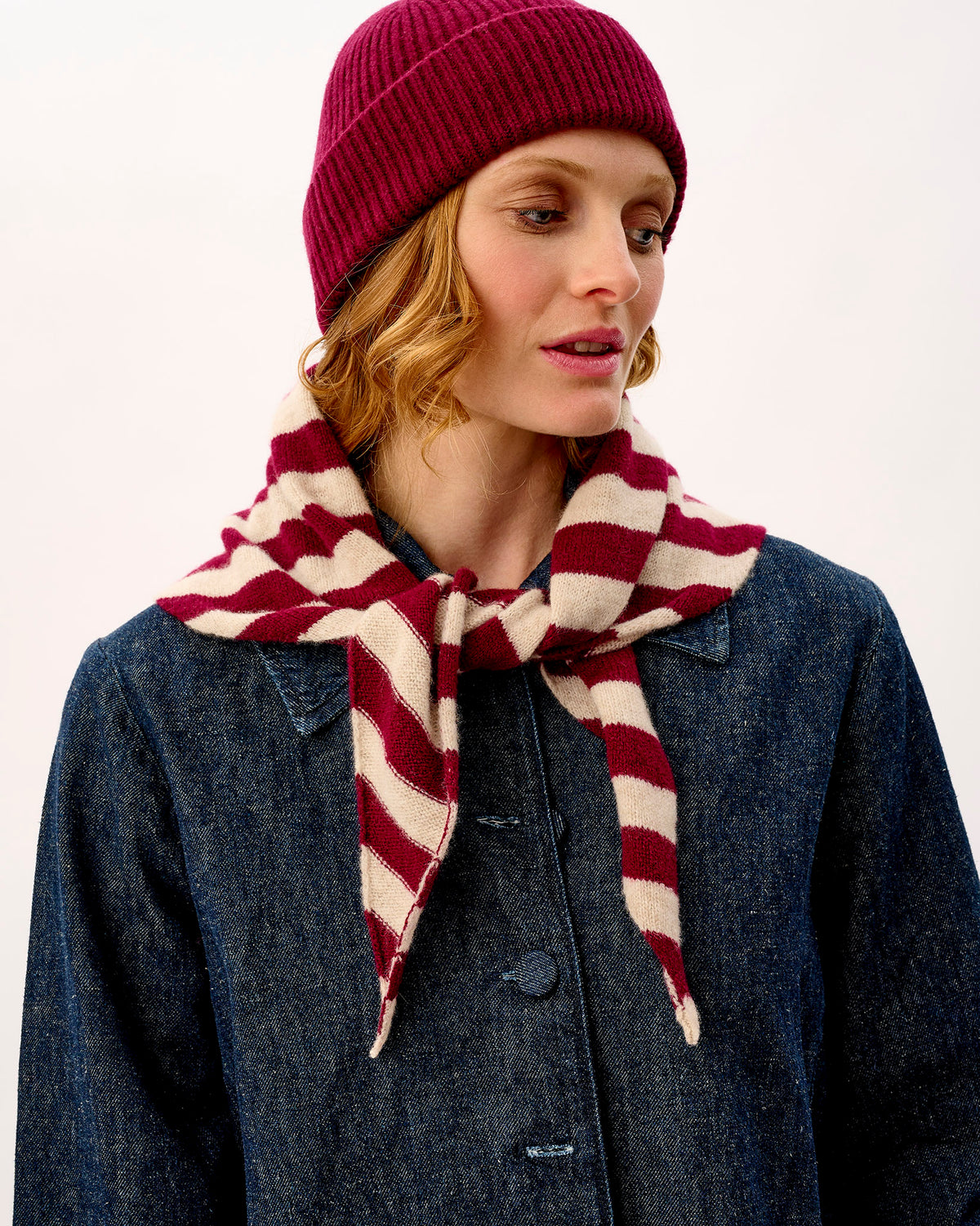 Bordeaux & Linen Scout Stripe Lambswool Triangle Scarf