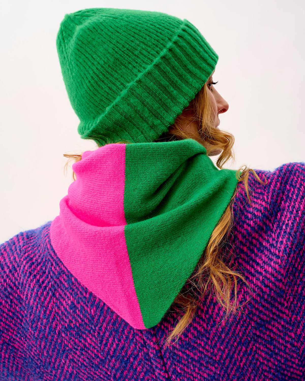 Billiard & Neon Pink Scout Wide Lambswool Stripe Triangle Scarf