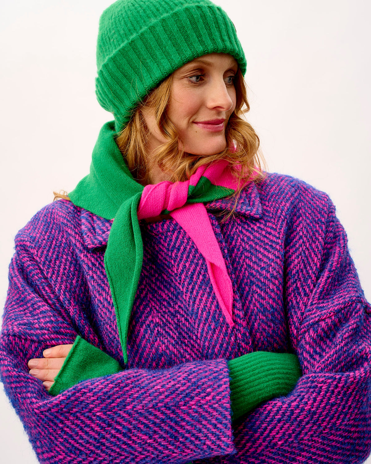 Billiard & Neon Pink Scout Wide Lambswool Stripe Triangle Scarf