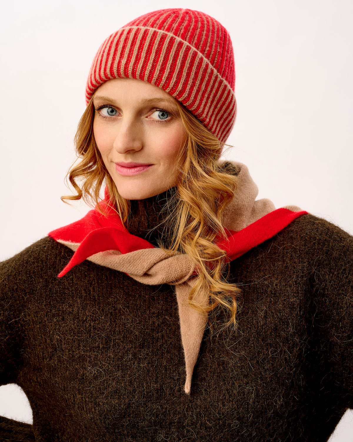 Tartan Scarlet & Camel Scout Wide Stripe Lambswool Triangle Scarf