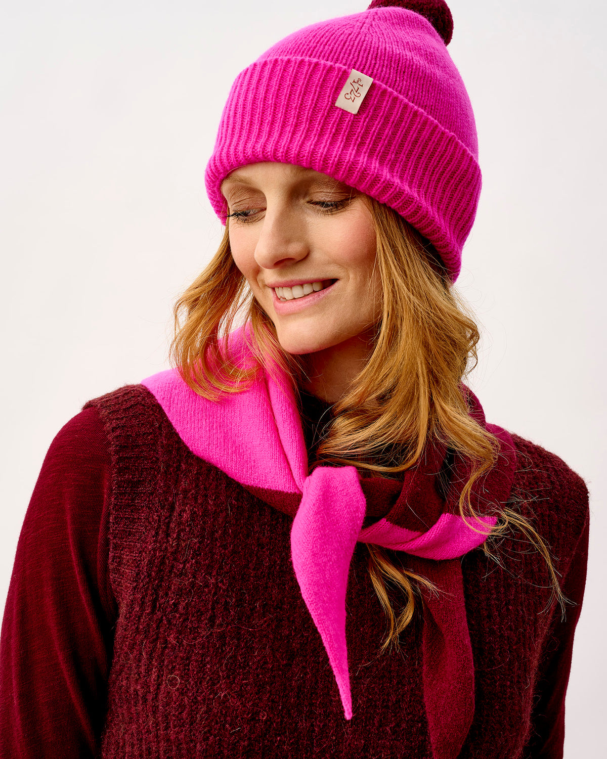 Bordeaux & Neon Pink Scout Wide Stripe Lambswool Triangle Scarf