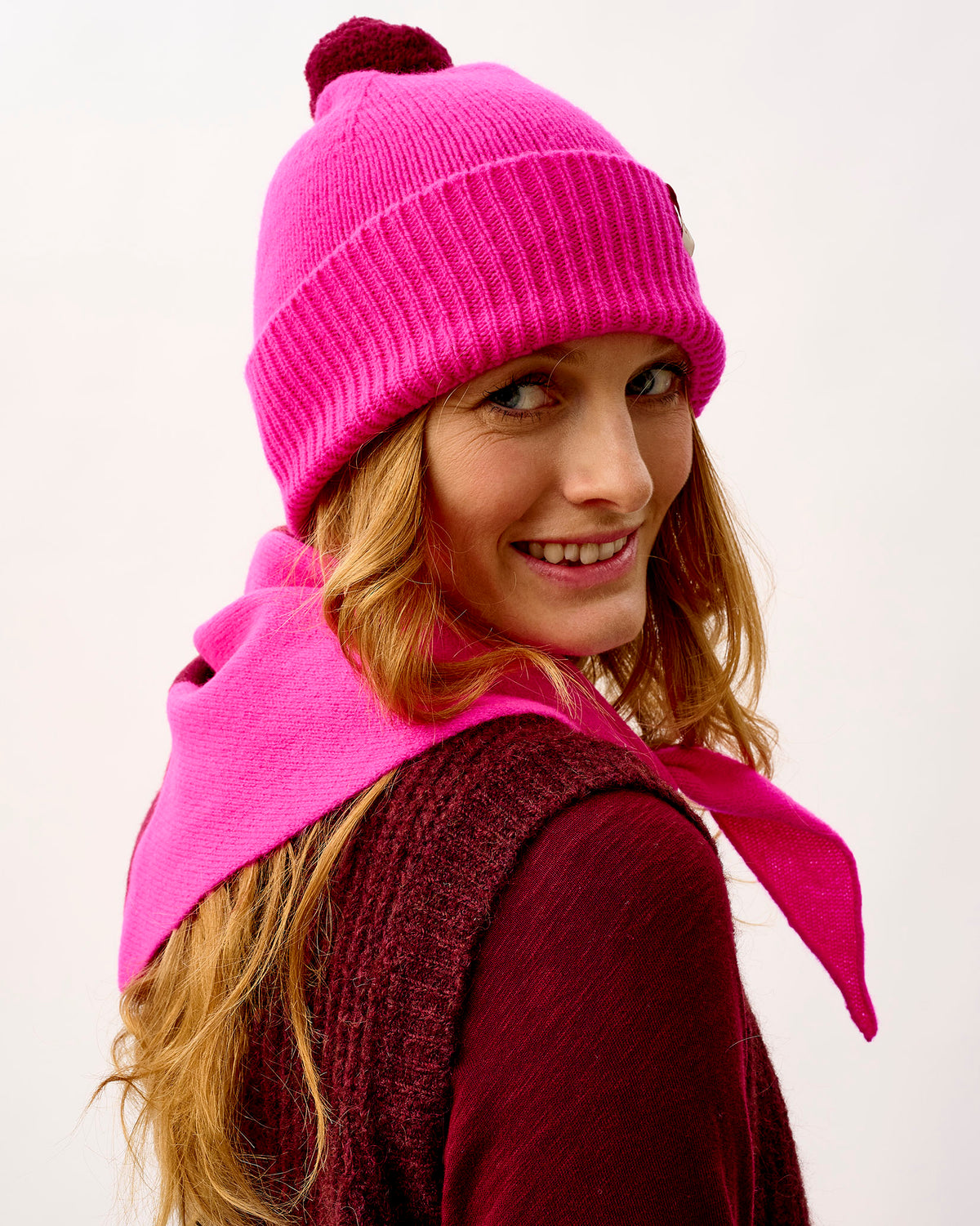Bordeaux & Neon Pink Scout Wide Stripe Lambswool Triangle Scarf