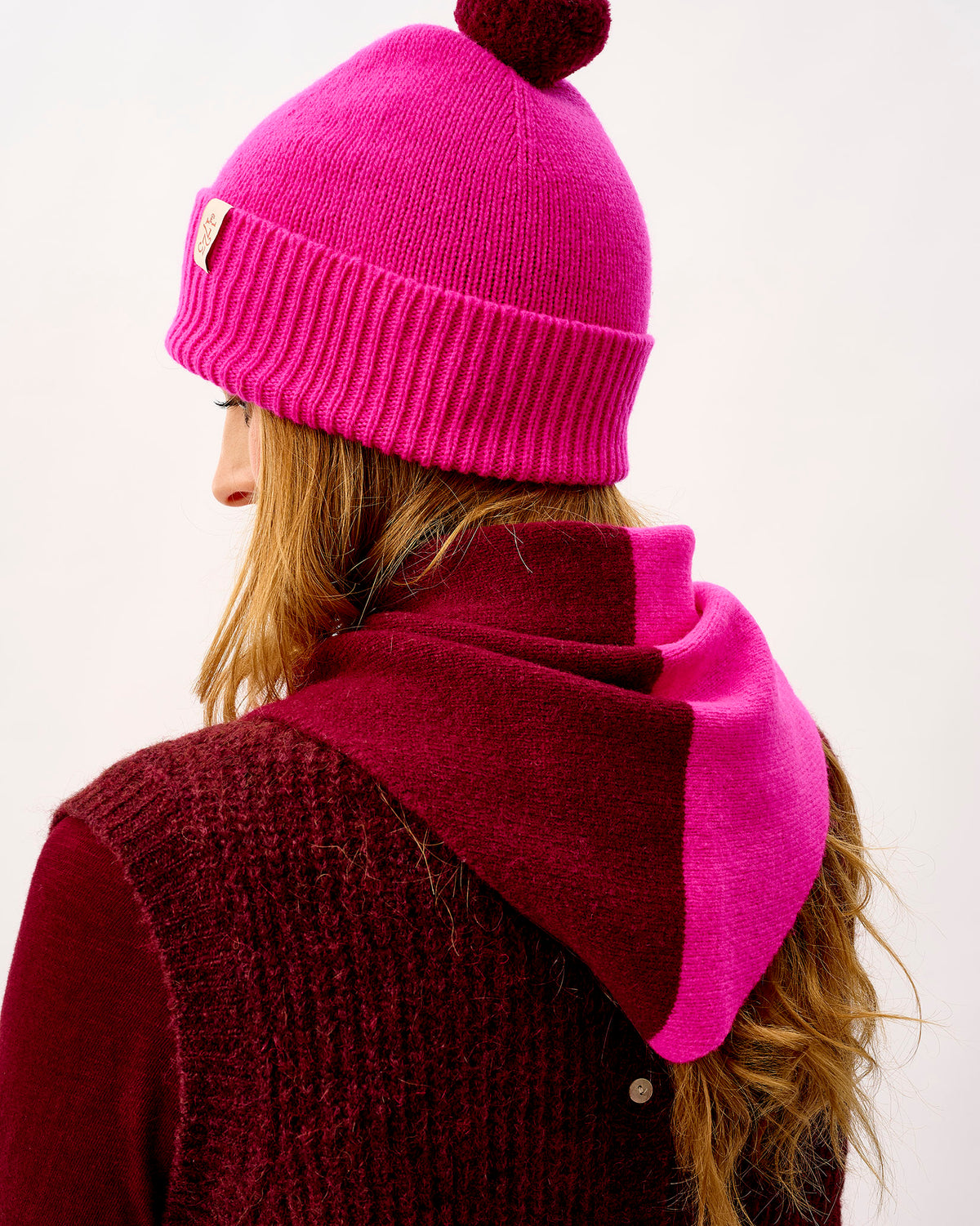 Bordeaux & Neon Pink Scout Wide Stripe Lambswool Triangle Scarf