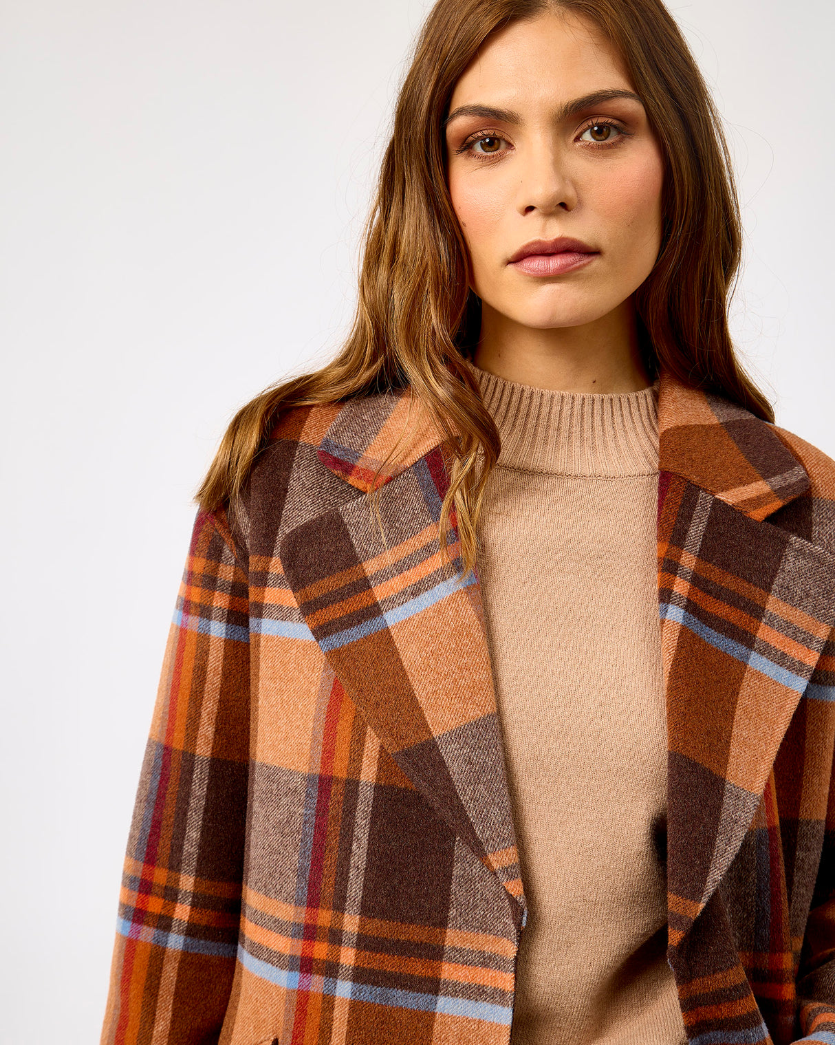 Camel Check Belted Wool Blend Town Coat