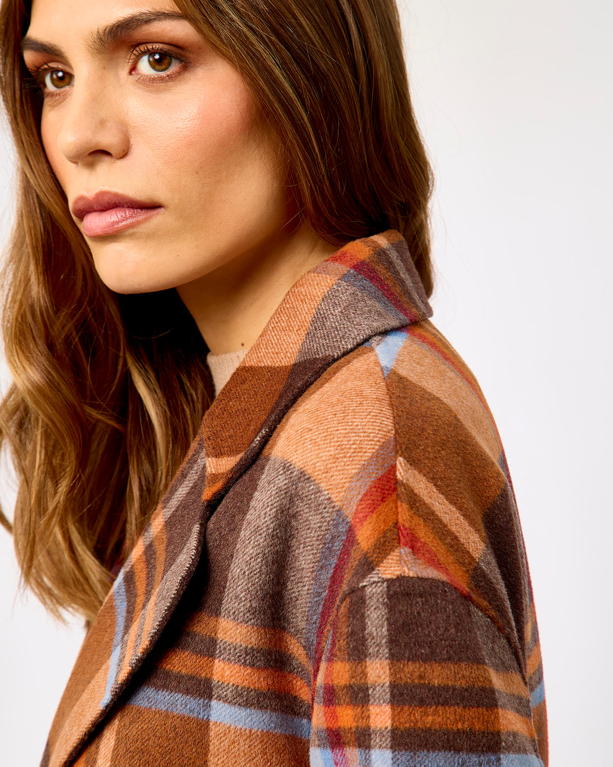 Camel Check Belted Wool Blend Town Coat