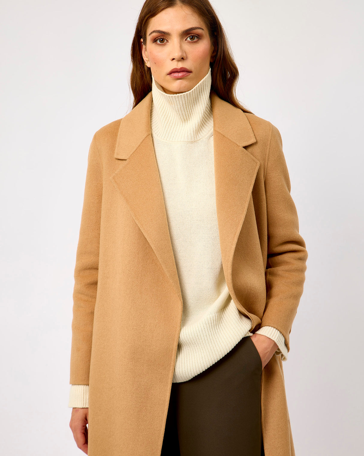 Camel Belted Wool Blend Wrap Coat
