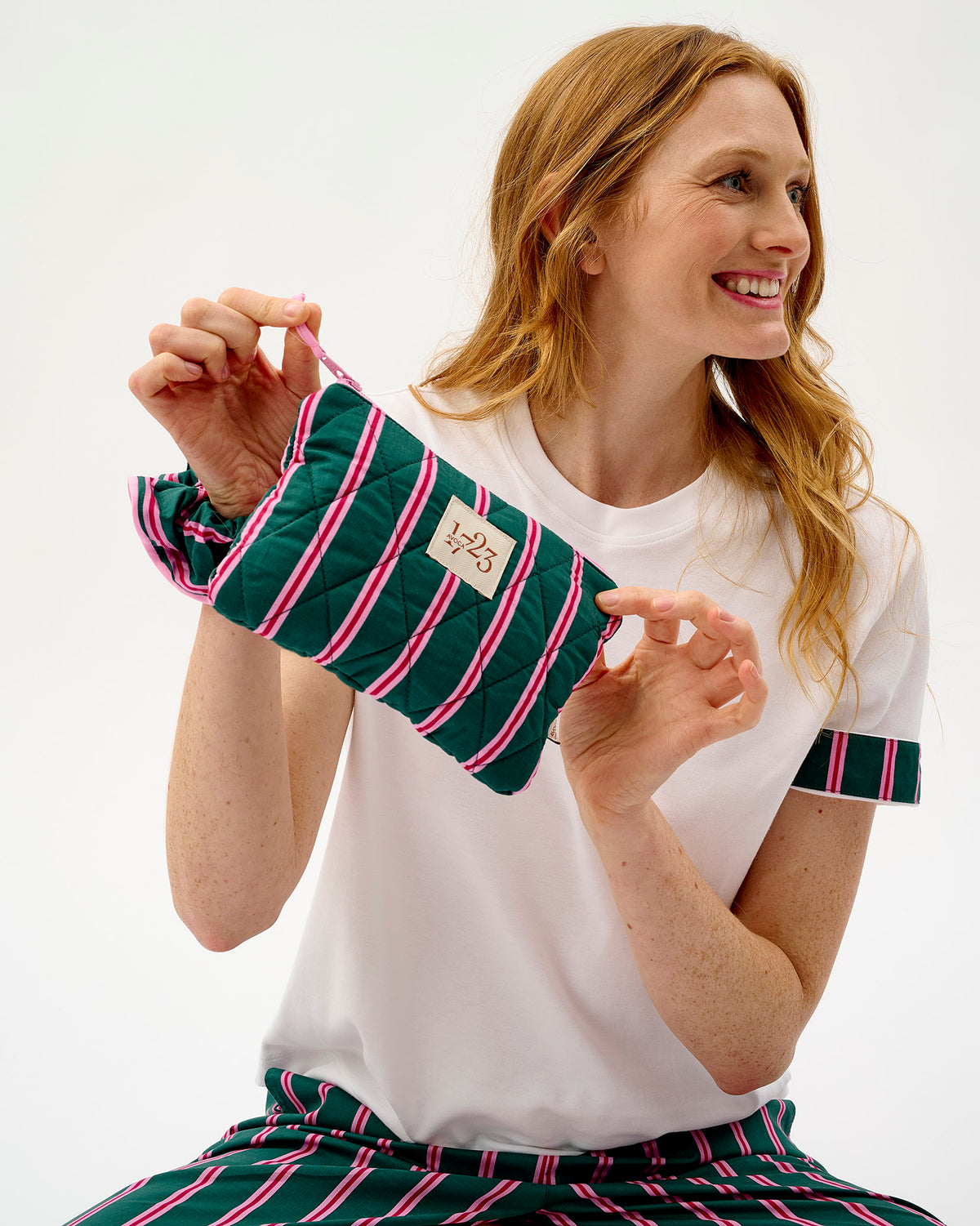 Emerald Blush Stripe Quilted Cotton Pouch