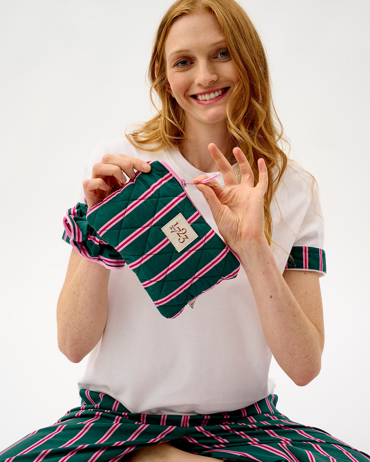 Emerald Blush Stripe Quilted Cotton Pouch