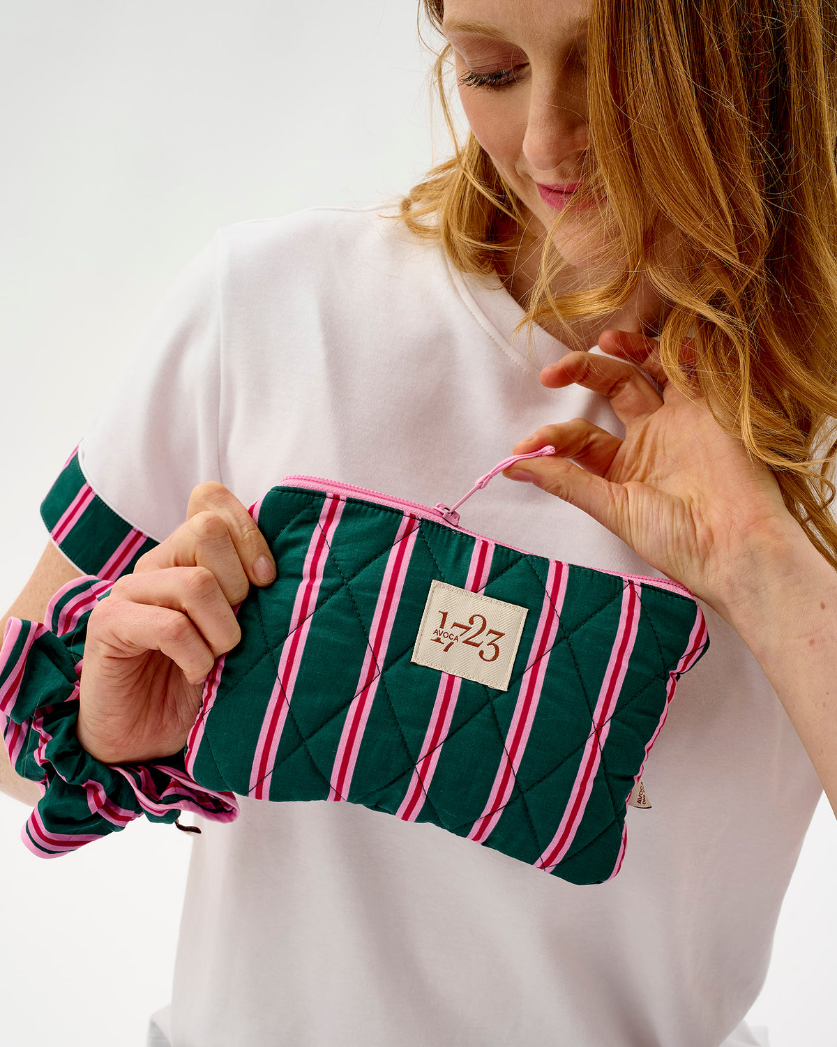 Emerald Blush Stripe Quilted Cotton Pouch