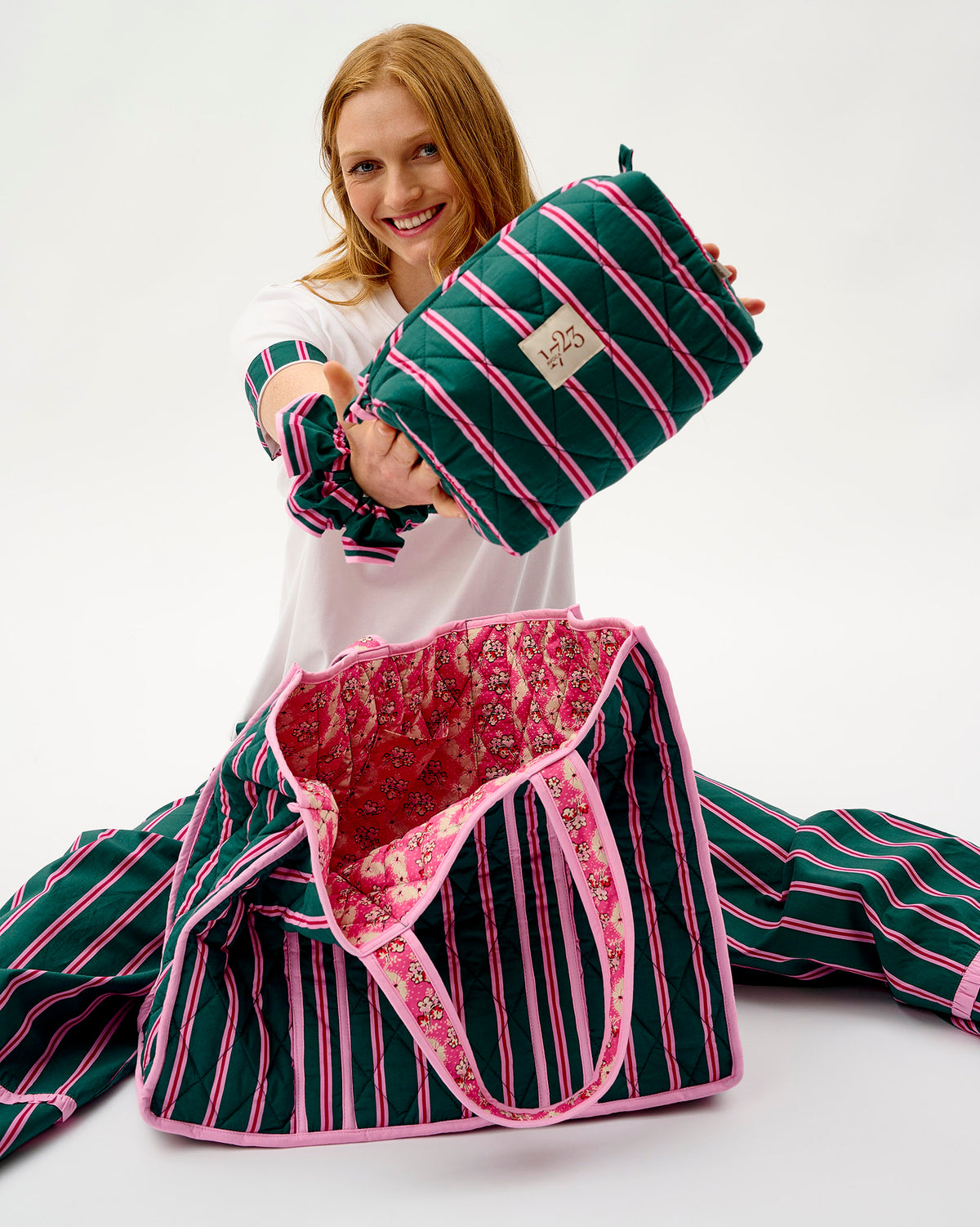 Emerald Blush Stripe Quilted Cotton Make-Up Bag