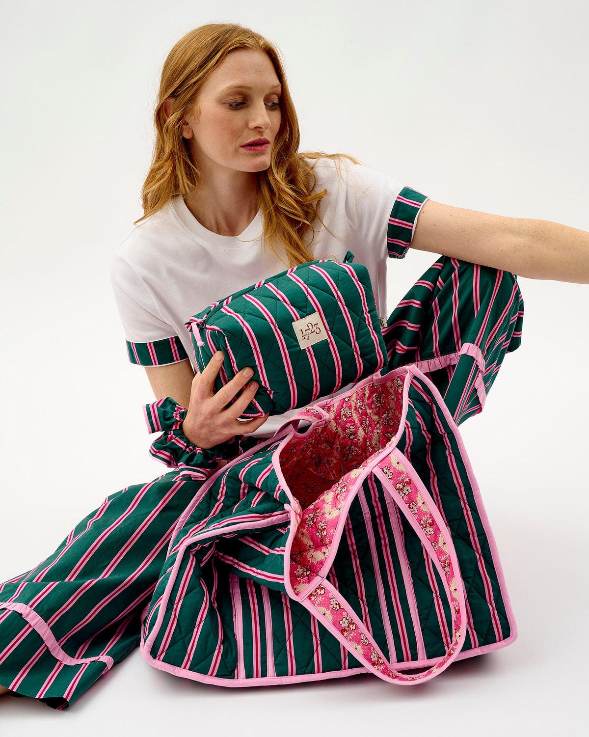 Emerald Blush Stripe Quilted Cotton Make-Up Bag
