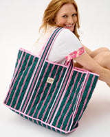Emerald Blush Stripe Quilted Cotton Tote Bag