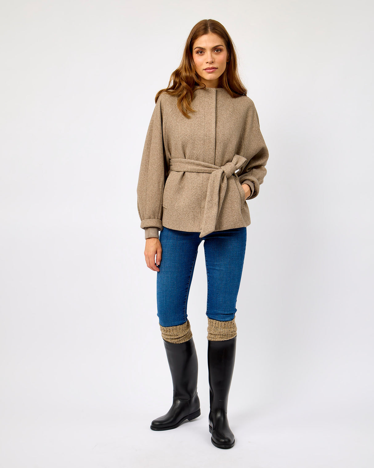 Toffee Melange Tie Waist Short Coat