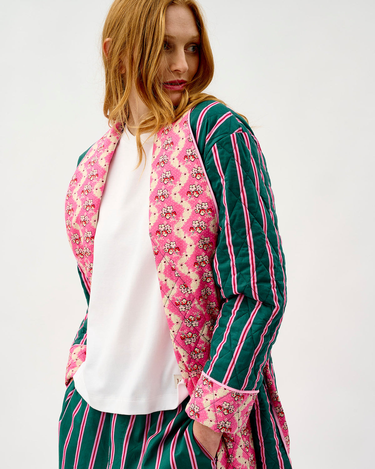 Emerald Blush Stripe & Pink Wave Quilted Cotton Dressing Gown