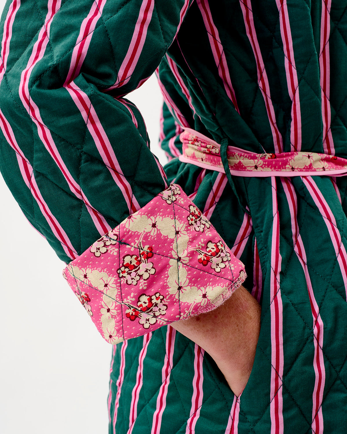 Emerald Blush Stripe & Pink Wave Quilted Cotton Dressing Gown