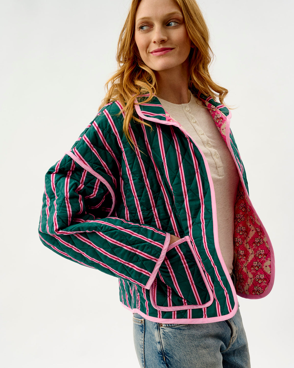 Emerald Blush Stripe & Pink Wave Quilted Cotton Jacket