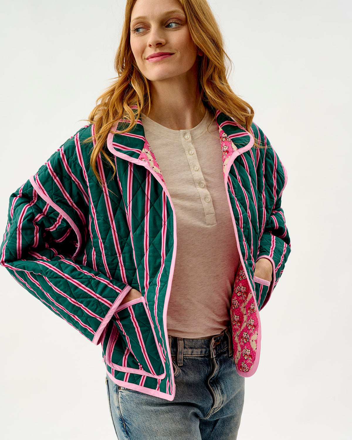 Emerald Blush Stripe & Pink Wave Quilted Cotton Jacket