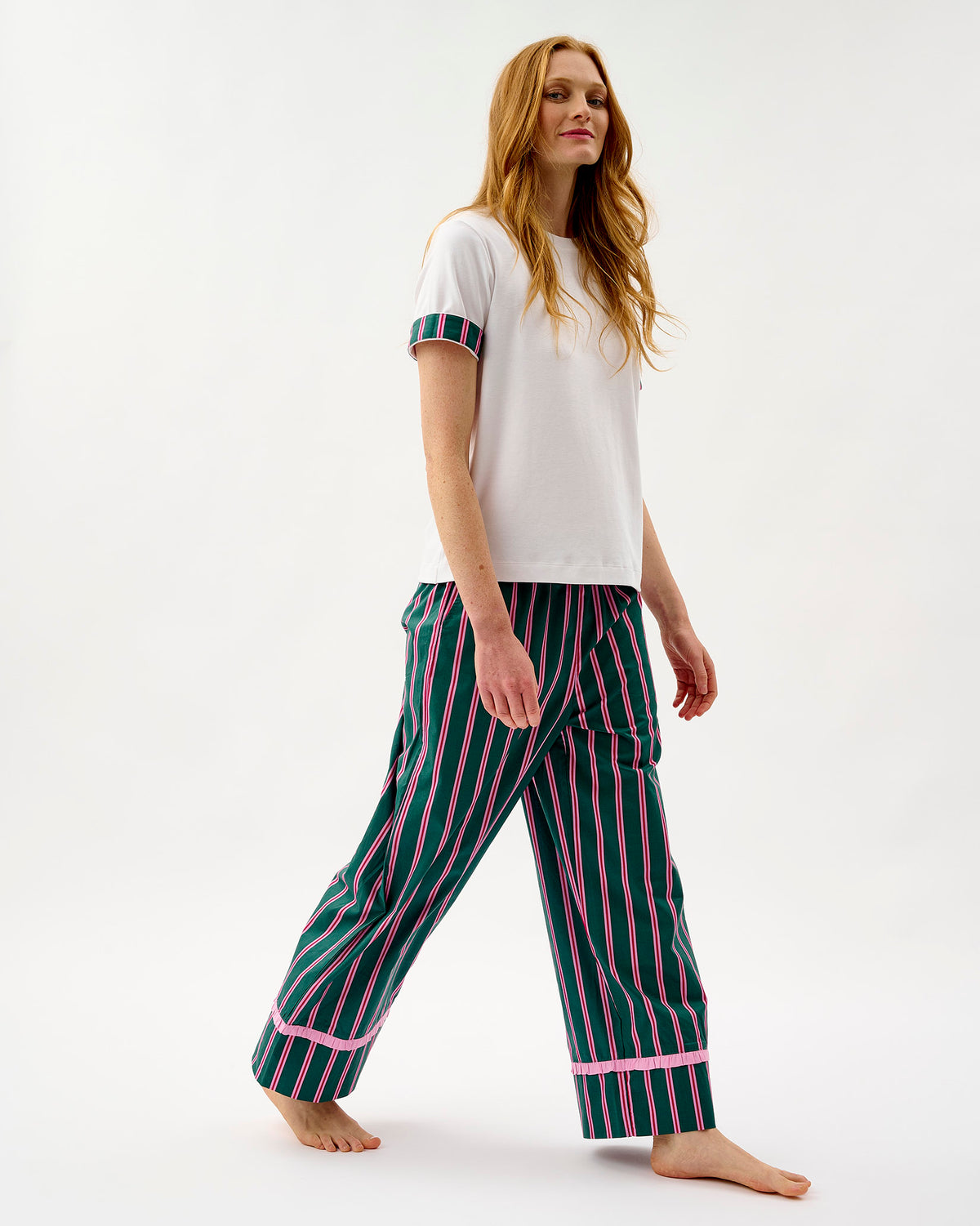 Emerald Blush Stripe Frill Trim Cotton Bottoms