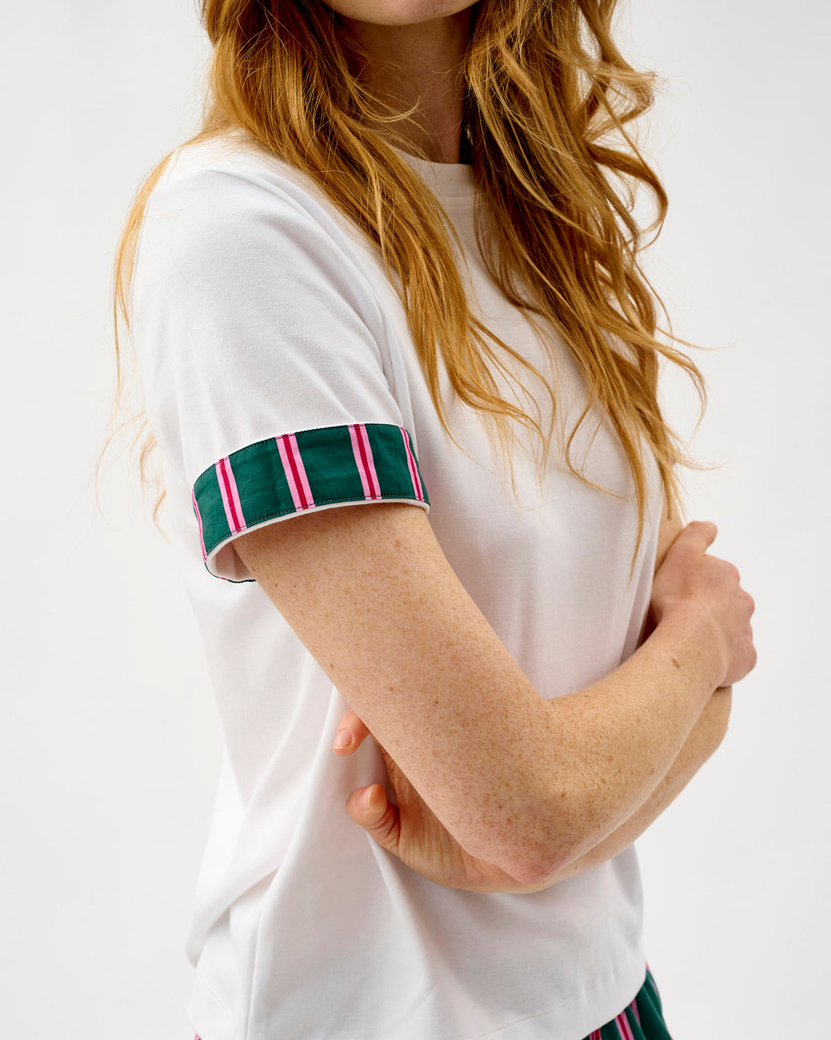Emerald Blush Stripe White Cotton T-Shirt