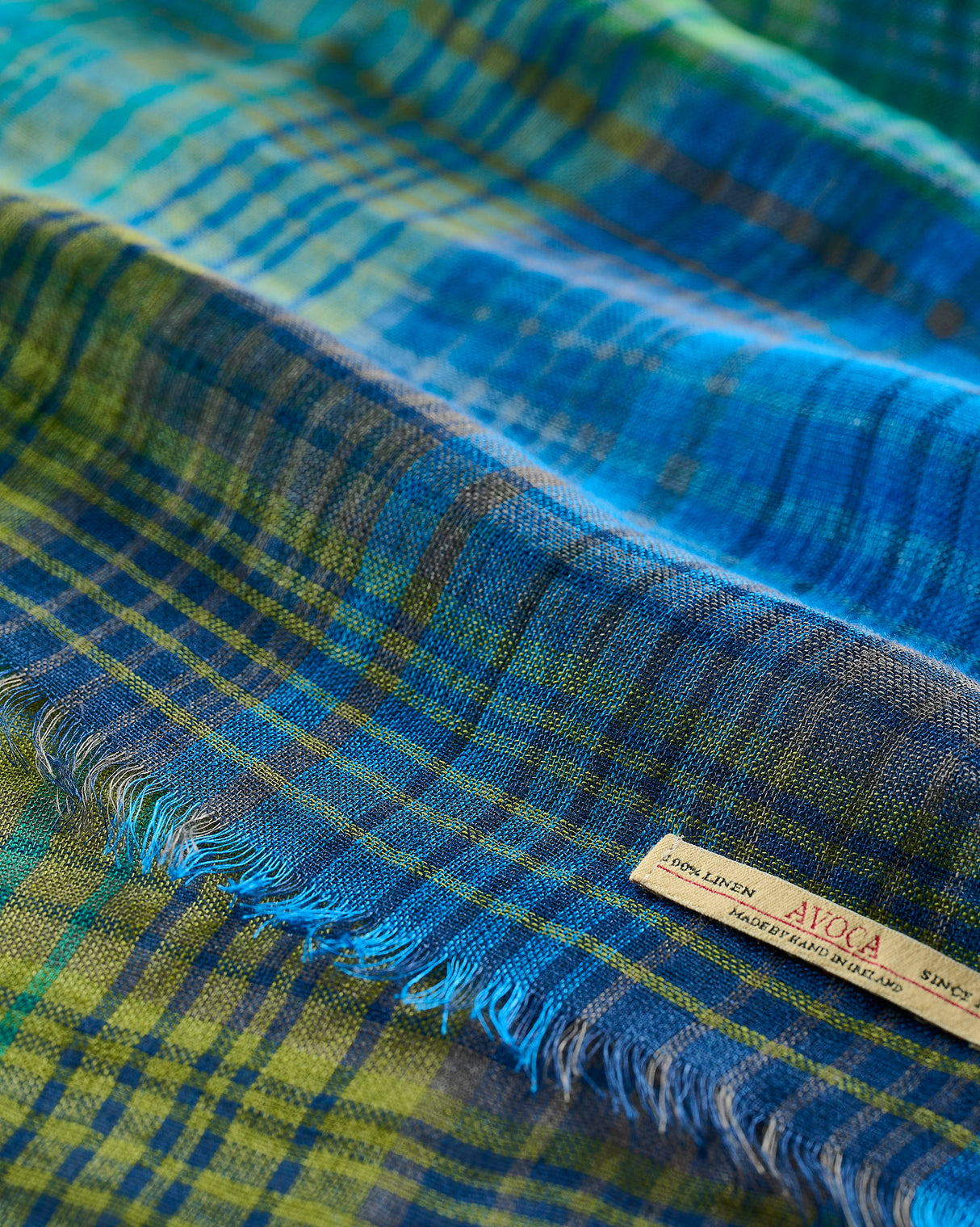 Green & Blue Plaid Florence 100% Linen Scarf