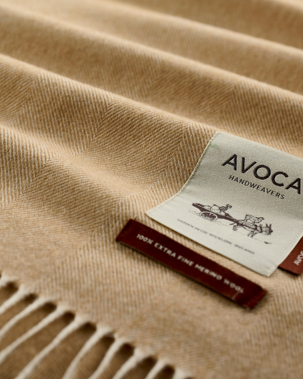 Camel Large Herringbone Wide Merino Scarf