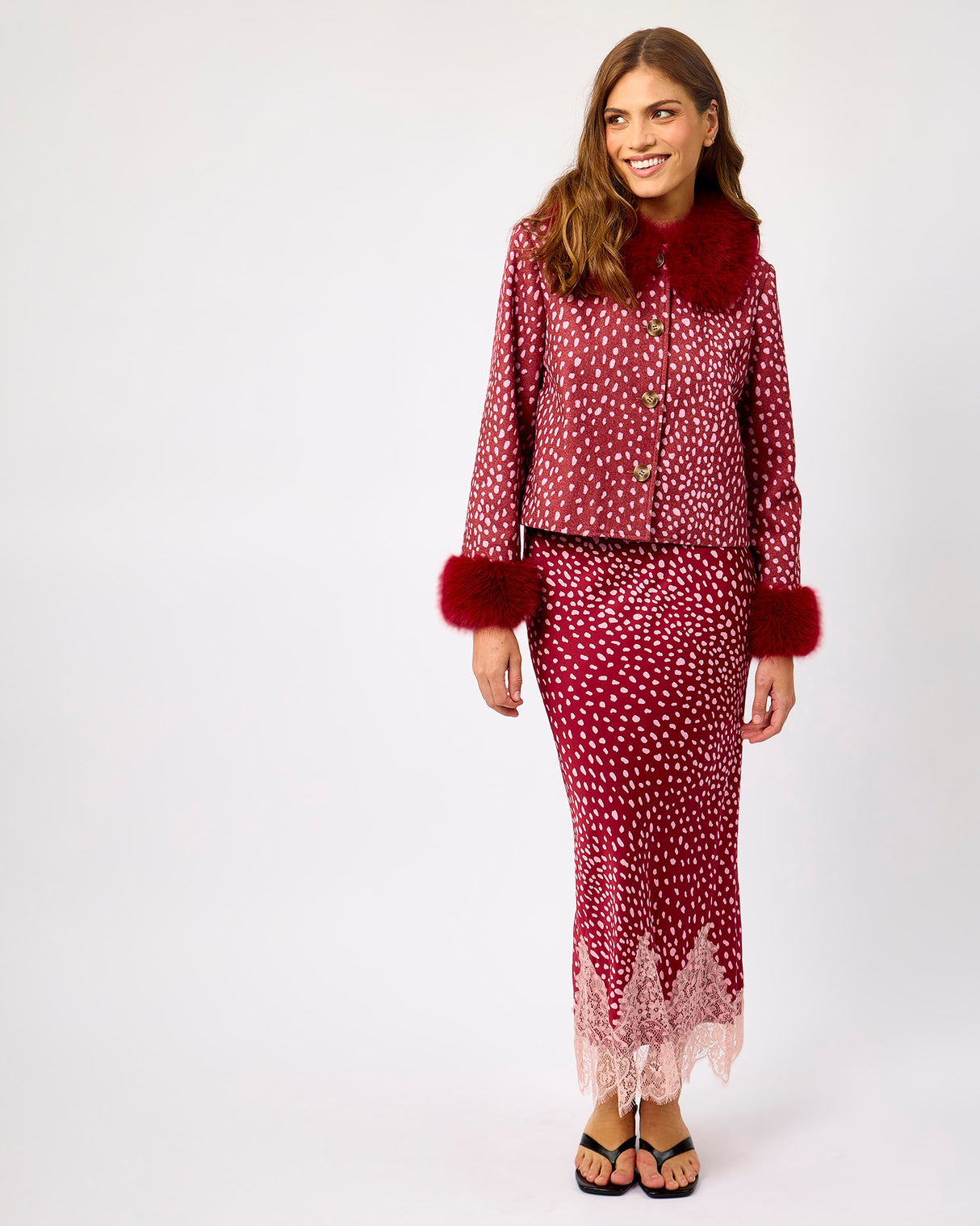 Burgundy Fawn Faux Fur Trim Jacket