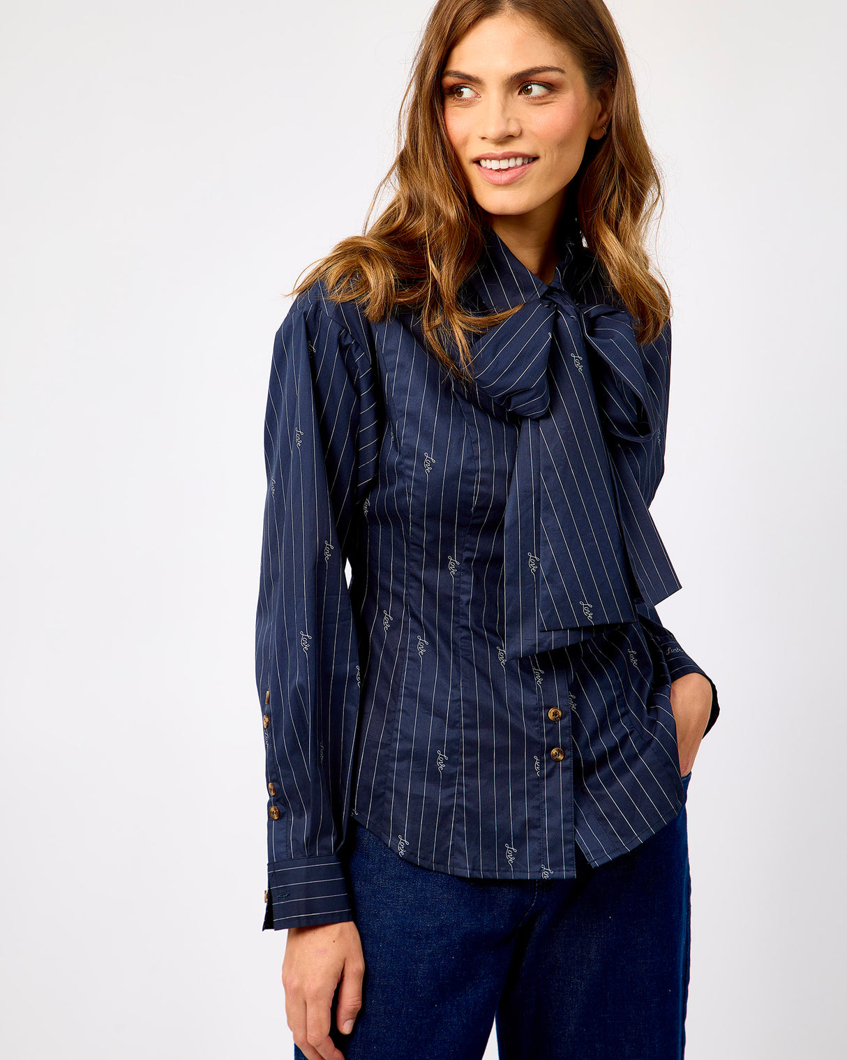 Navy Stripe Cotton Bow Embroidered Shirt