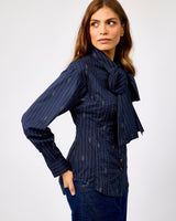 Navy Stripe Cotton Bow Embroidered Shirt