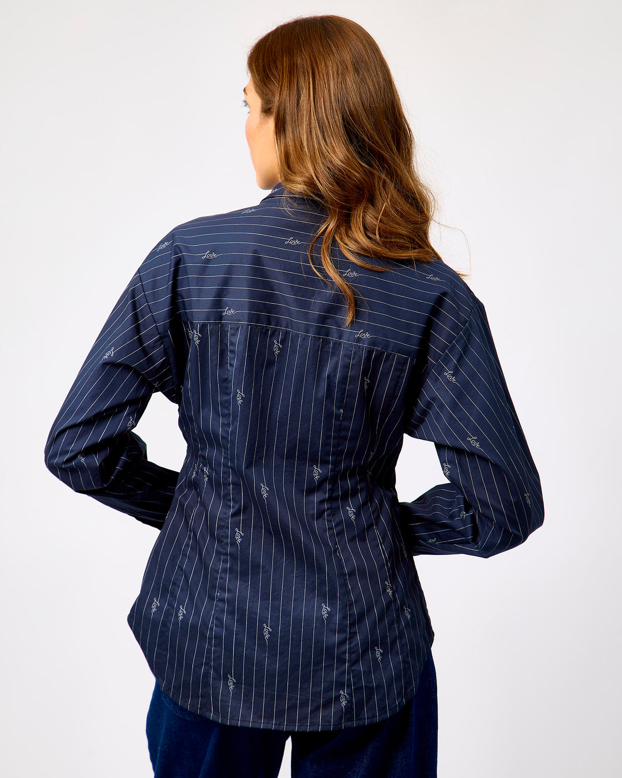 Navy Stripe Cotton Bow Embroidered Shirt