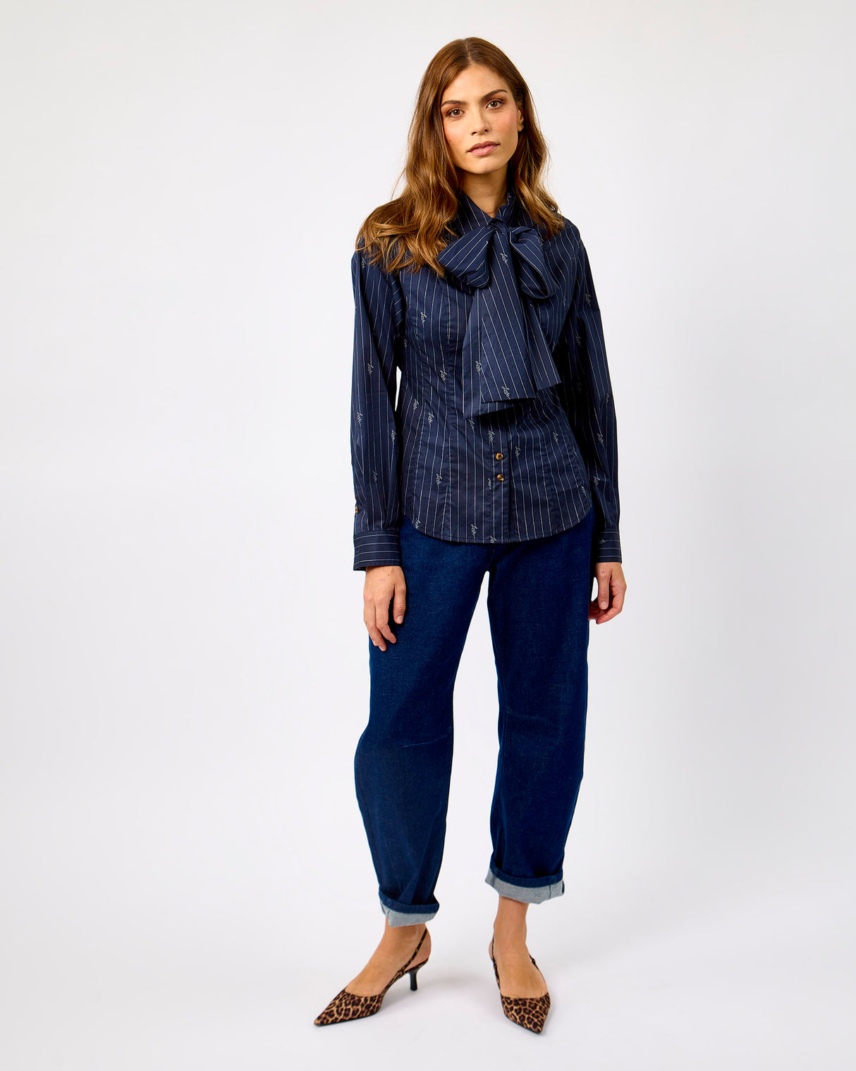 Navy Stripe Cotton Bow Embroidered Shirt