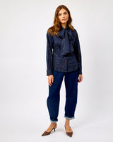 Navy Stripe Cotton Bow Embroidered Shirt