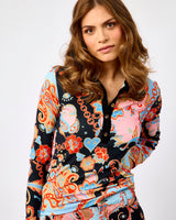 Black Paisley Print Long Sleeve Polo Shirt