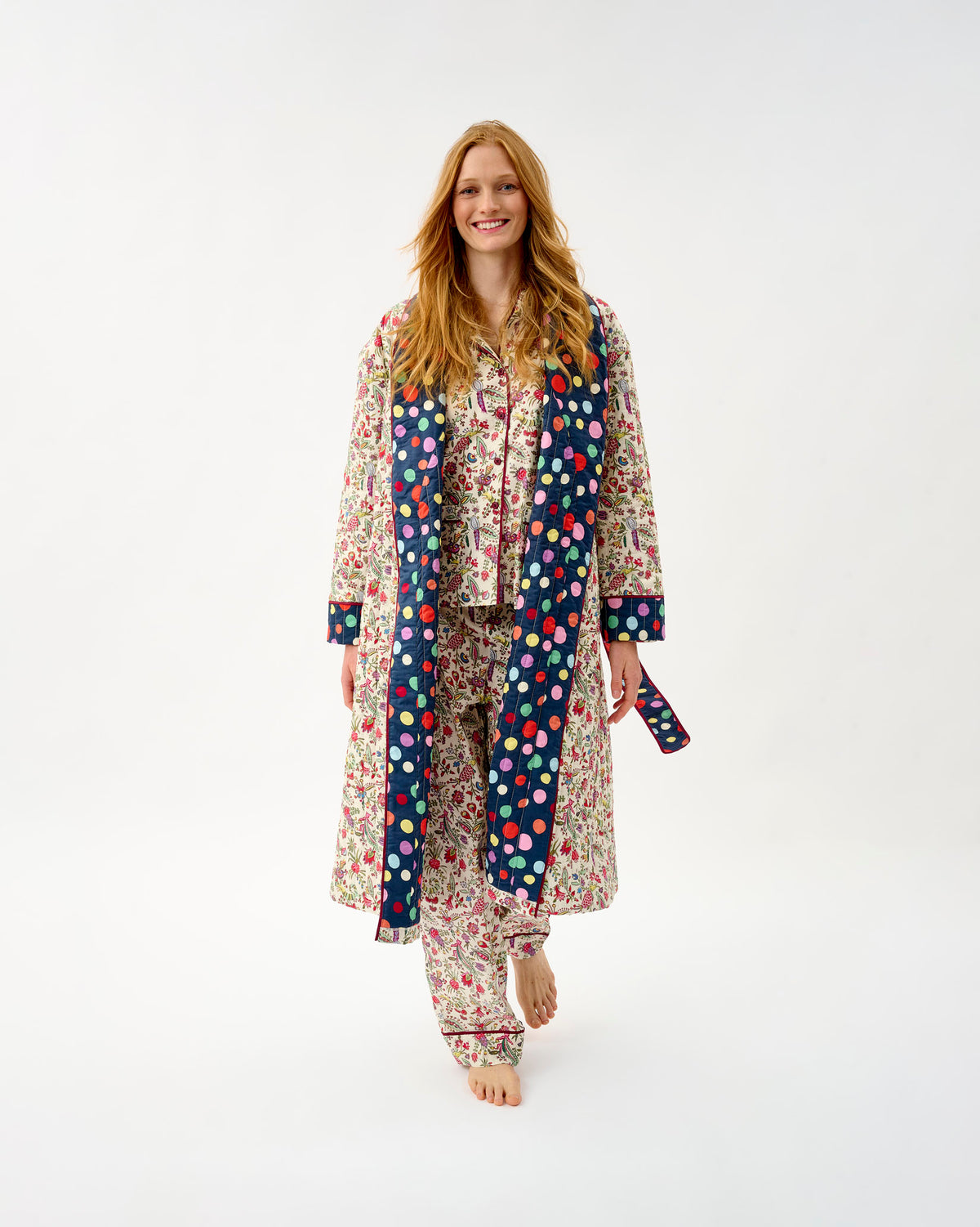 Ivory Forest Friends & Navy Spots Quilted Cotton Dressing Gown